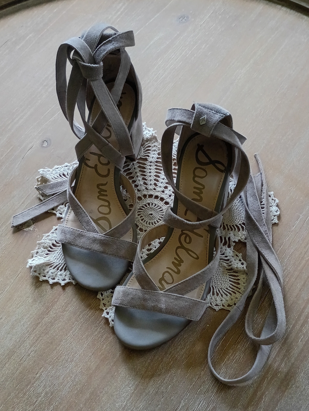 Sam Edelman Taupe Suede Lace-Up Heels